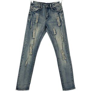 NWT LAVIKS Men's Distressed Denim Jeans Size 28 Medium Wash Blue Skinny Mid Rise